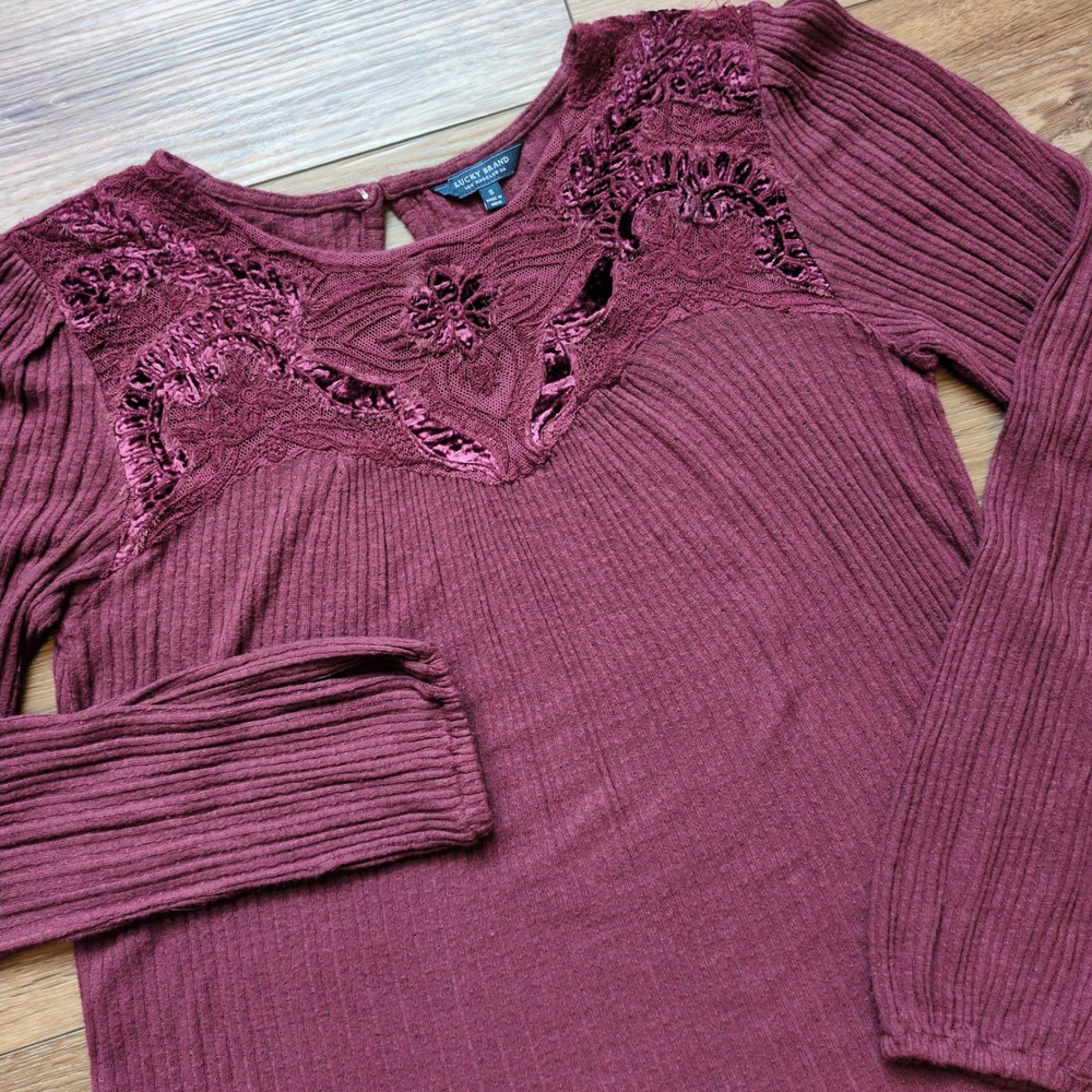 Lucky Brand Velvet Mesh Long Sleeve Peasant Top Shirt Red Maroon Floral Cotton S